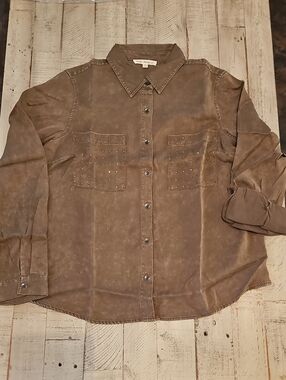 Stud-Accent Casual Button-Down Shirt in Taupe